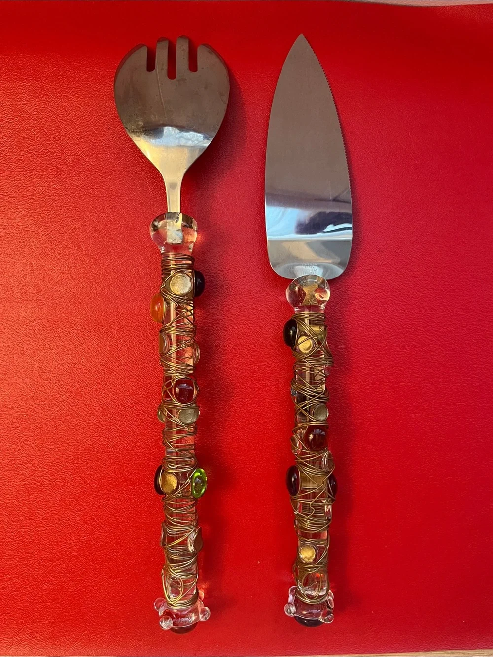 Artisan Crafted Handblown Glass Handle Large Salad Serving Set Stainless Steel
